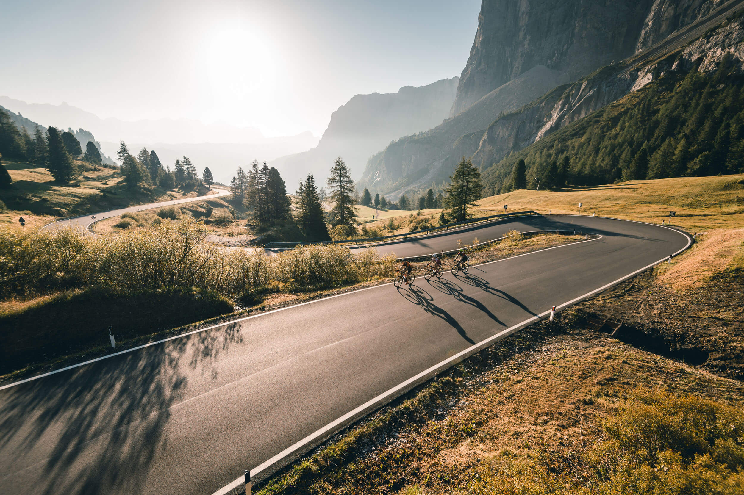 Roadbike Holidays © Molography Drei Radfahrer fahren auf bergiger Straße bei Sonnenlicht