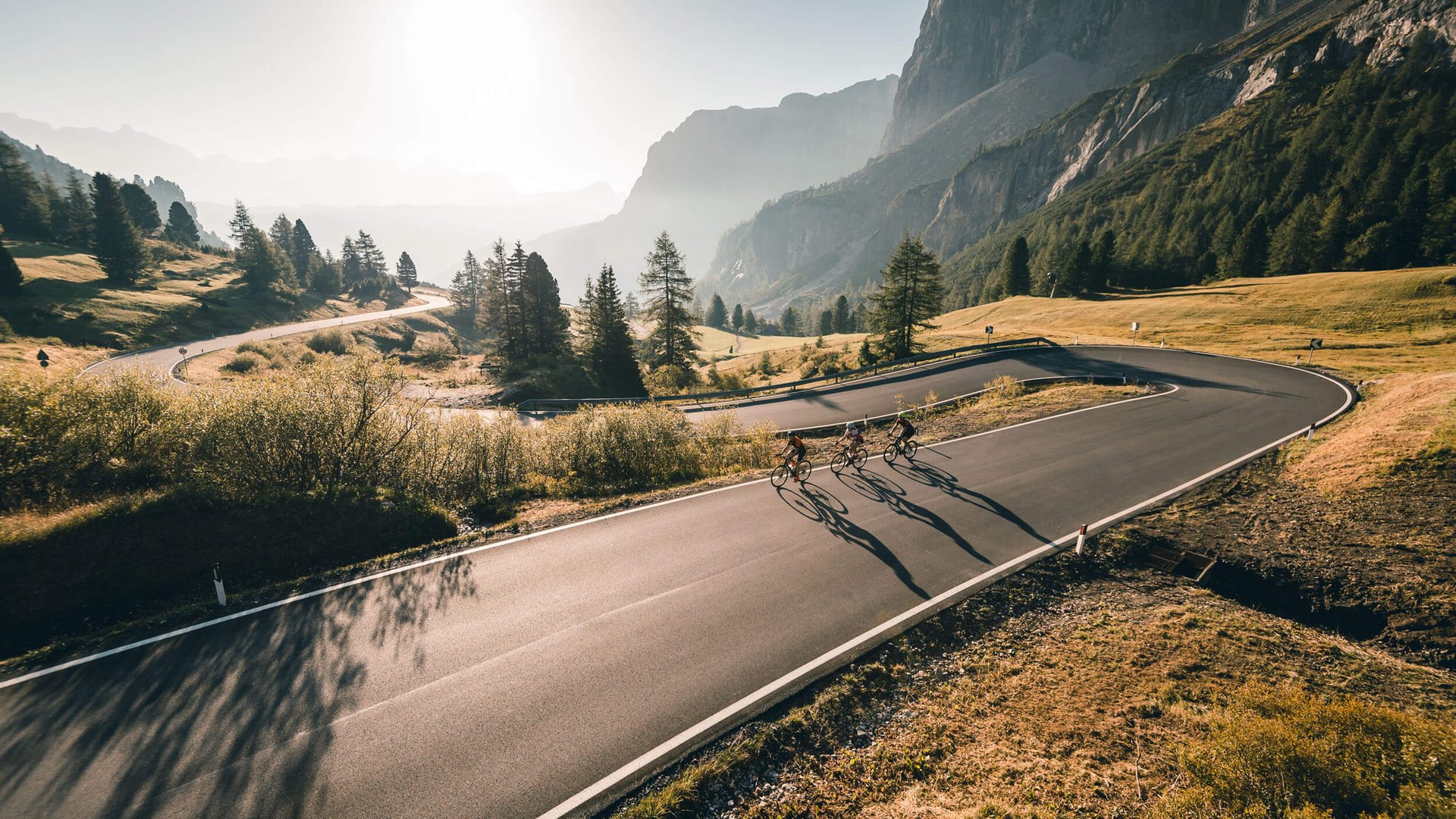 Roadbike Holidays © Molography Drei Radfahrer fahren auf bergiger Straße bei Sonnenlicht