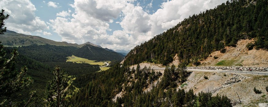 Nauders – Lago di Resia © Felix Saller Strada di montagna con foresta di pini e cielo nuvoloso