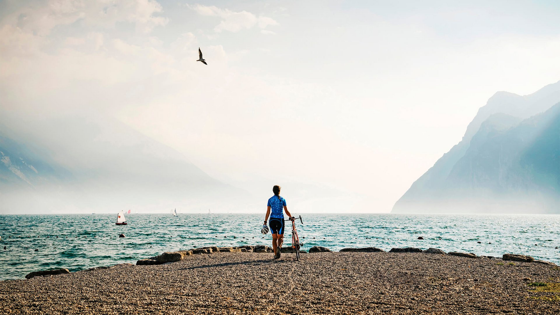 Roadbike Holidays © Alex Moling Fahrradfahrer am Seeufer mit Bergen und Segelbooten im Hintergrund