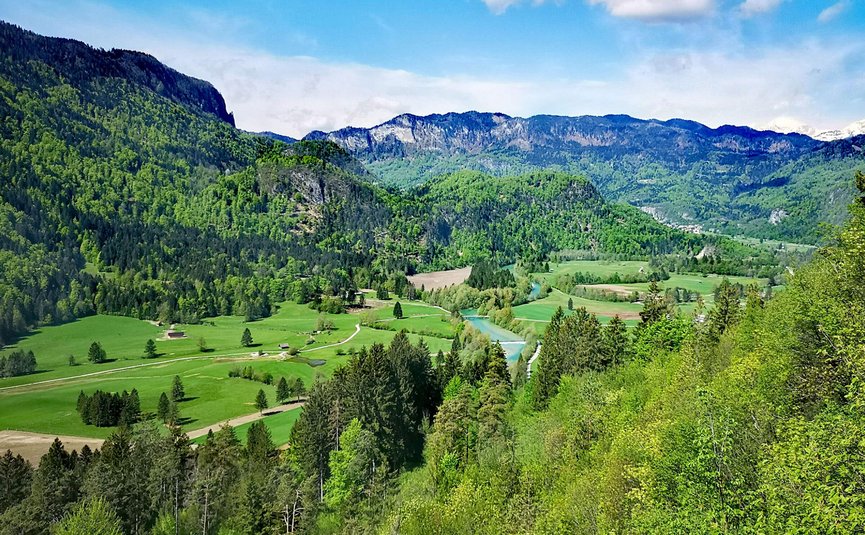 Hotel & Glamping Ribno Alpine Resort **** © Katarina Strgar Grünes Tal mit Fluss vor bewaldeten Bergen unter blauem Himmel