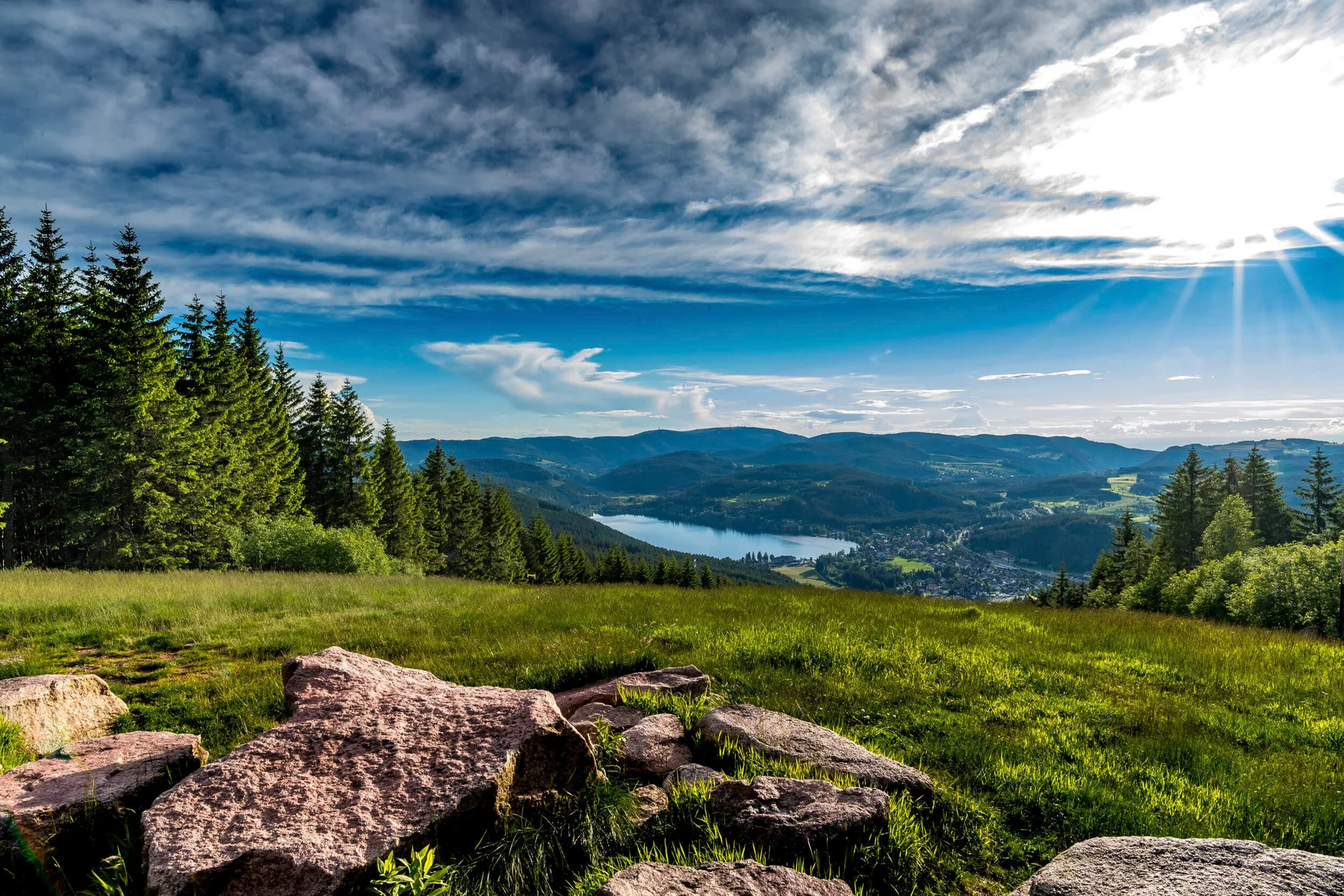 Roadbike Holidays © Hochschwarzwald Tourismus GmbH - Klaus Hansen Grüne Wiese mit Felsen, Tannenwald und See unter bewölktem Himmel
